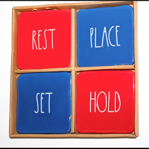 RAE DUNN REST/SET/HOLD/PLACE red/blue ceramic coaster set NIB - Picture 6 of 15